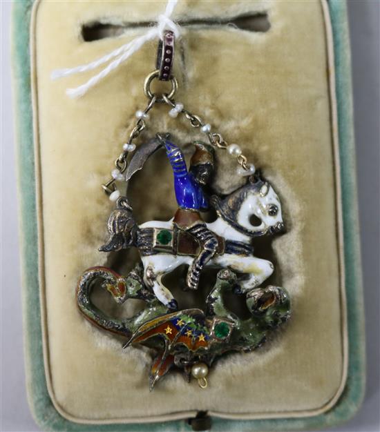 A 19th century Austro Hungarian? silver gilt and enamelled pendant of St. George and the Dragon, in Chas. Shapland fitted box, 37mm.